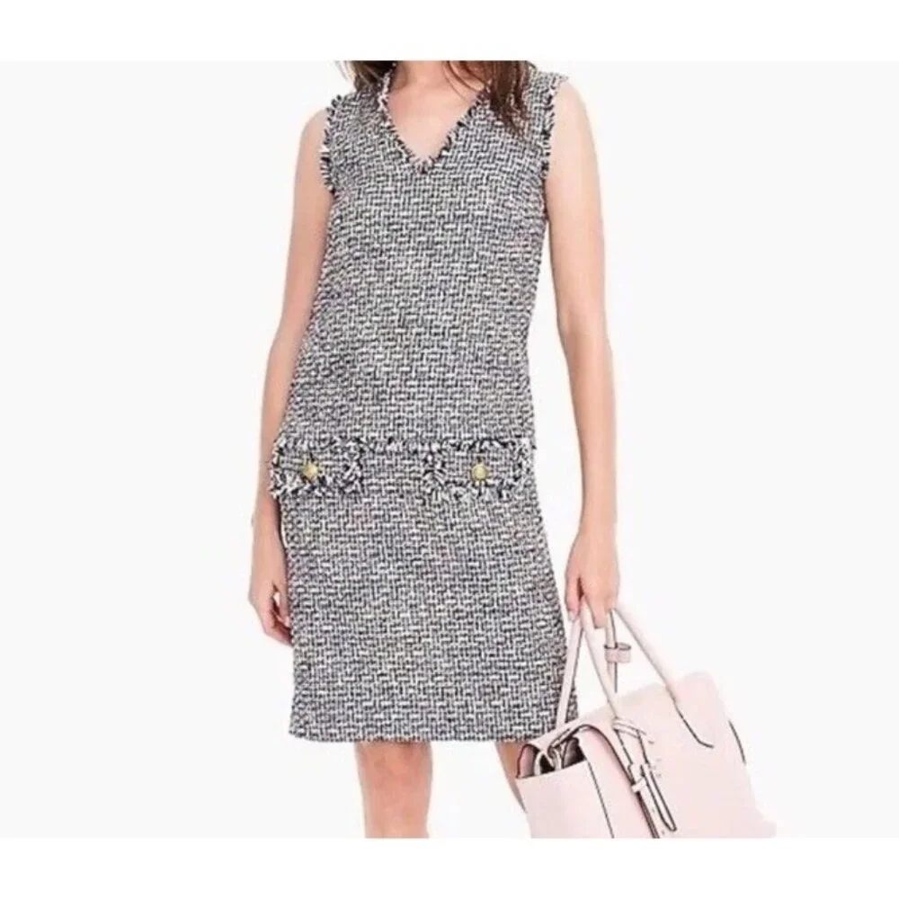 J.Crew Multicolored Metallic Tweed  V-neck Fringed Career Chic Sheath Dress Sz 4